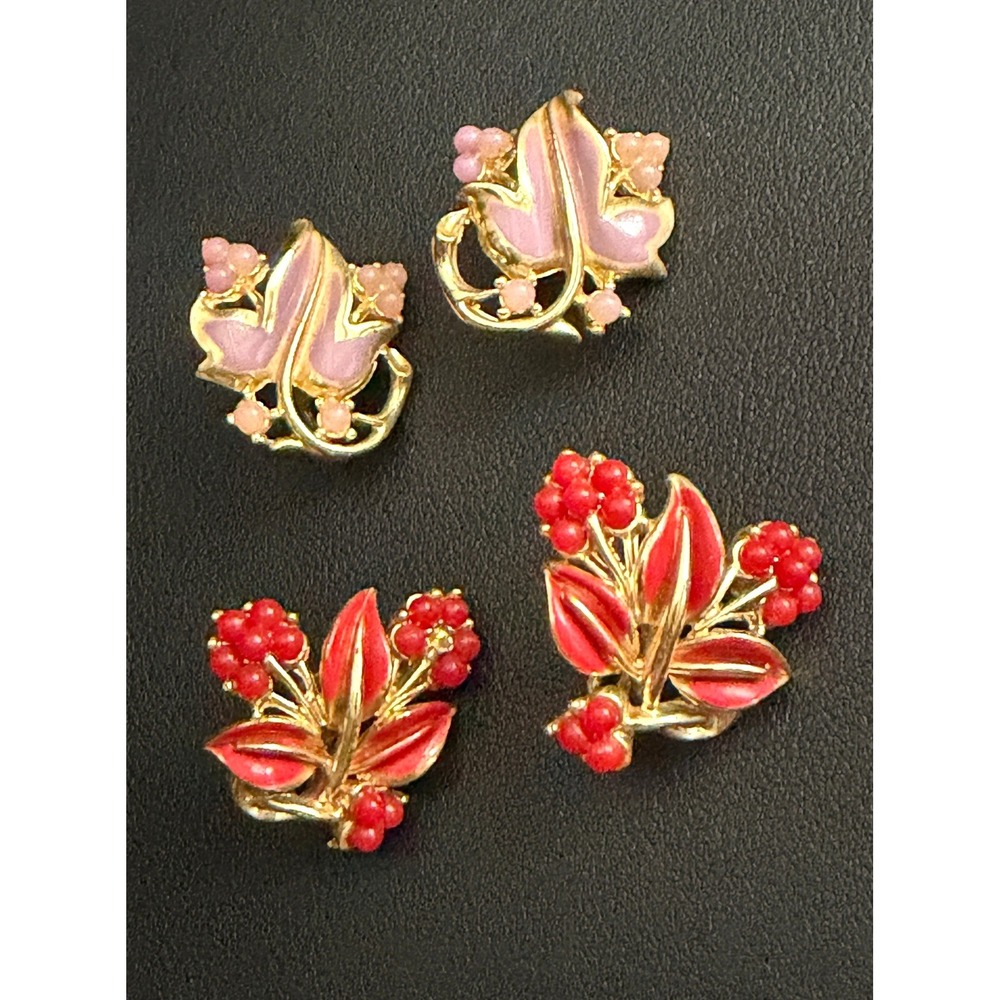 Vintage CORO Enamel Earring Set Clip Ons Red Pink Gold Tone Leaf READ